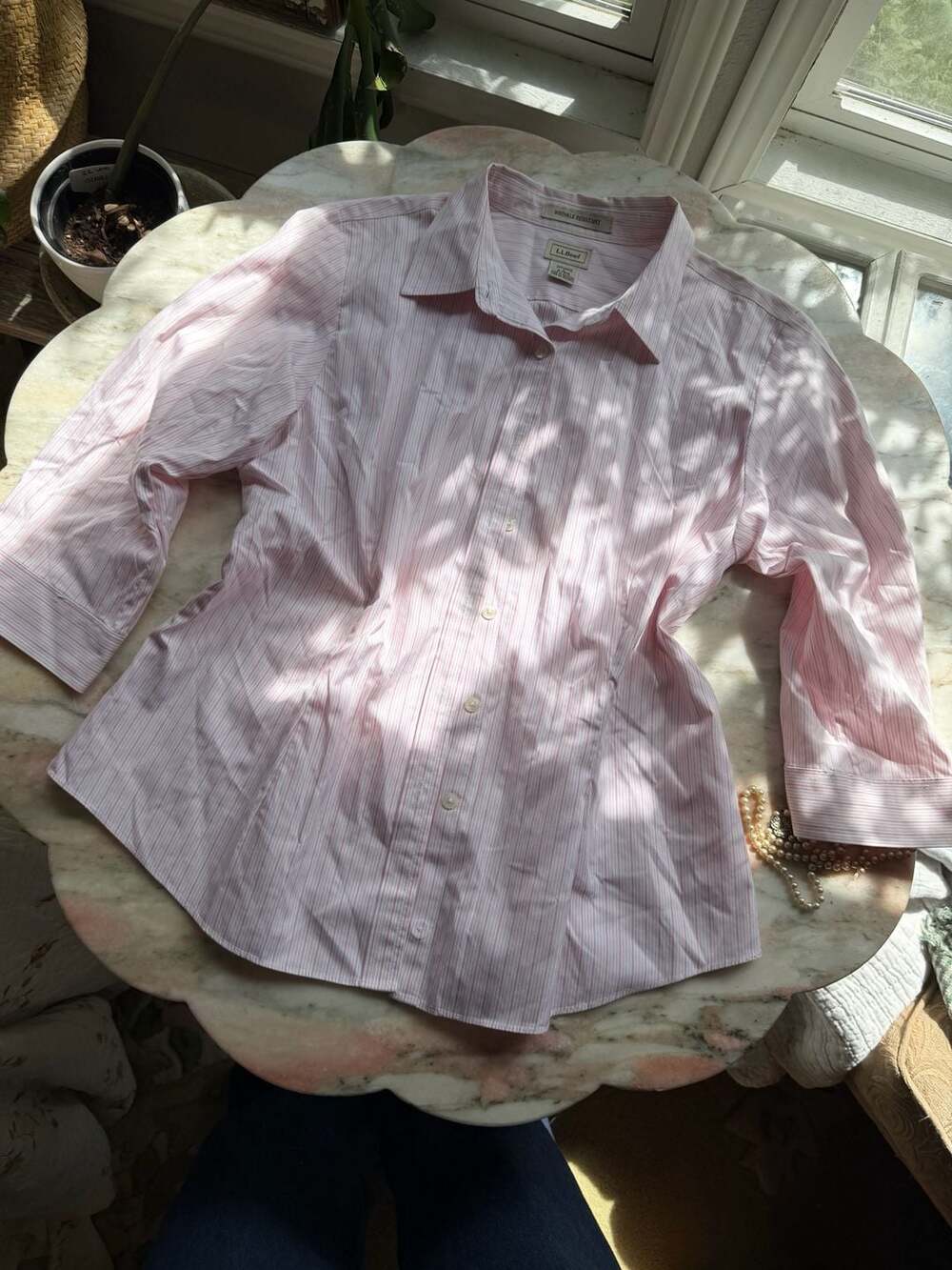 L.L.Bean Women's Wrinkle-Resistant Striped 3/4 Sleeve Button-Down Shirt